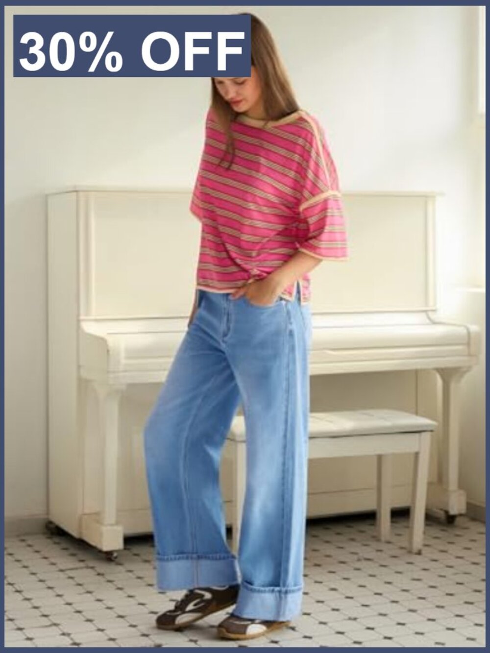 High Waisted Wide Leg Cuffed Denim Jeans with Belted Detail - Picture 5 of 7